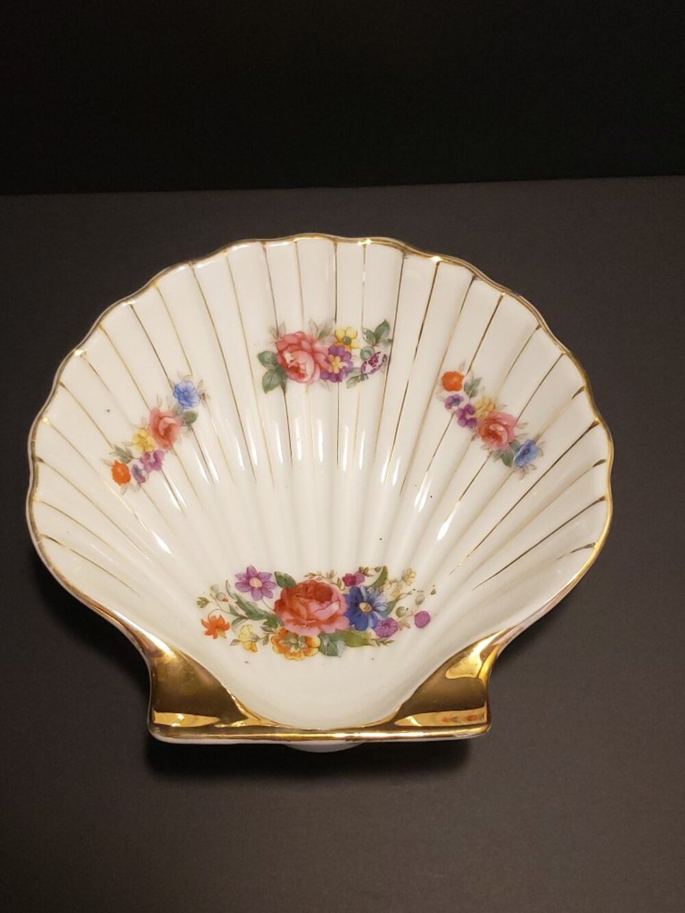 Vintage Occupied Japan Floral Shell Ring Dish, Trinket Dish